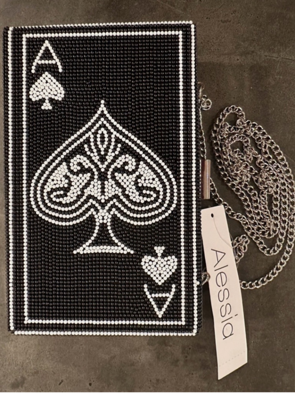 Alessia Bianchi ACE OF SPADES Black & White Beaded Bag Clutch Evening Lucky NEW!